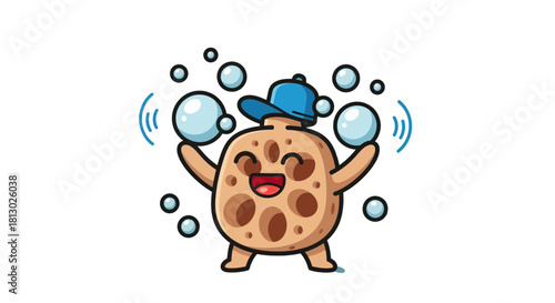 Joyful Character Surrounded By Bubbles, Whimsical Illustration with a Happy Expression
