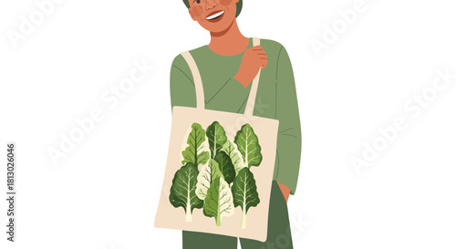Joyful Person Promoting Leafy Greens and Eco-Conscious Shopping with Cotton Bag