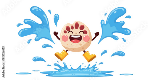 Joyful Character Surrounded By Water Splashes, Playful Illustration on Black Background
