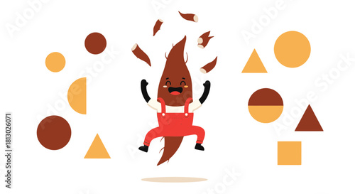 Joyful Character Surrounded By Geometric Shapes Against A Dark Background Illustrative Art