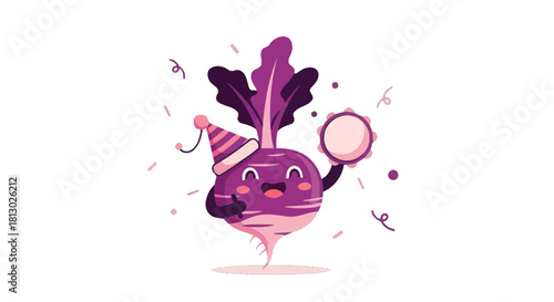 Joyful Radish Character Celebrating a Holiday with Confetti and Musical Instrument