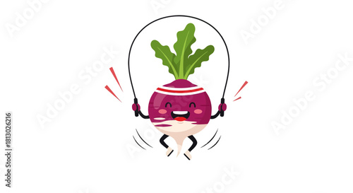 Joyful Radish Character Celebrating Inside Of White Shape On Black Background