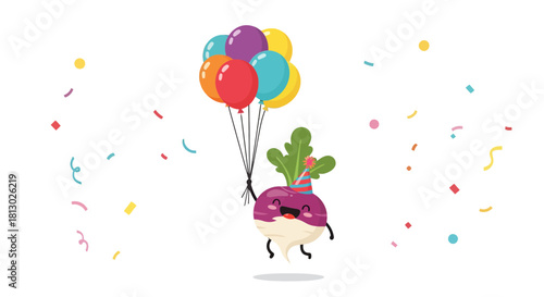Joyful Radish Character Celebrating With Balloons and Party Confetti on Black Background