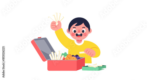 Joyful Child Preparing a Lunchbox Filled With Delicious And Colorful Snacks