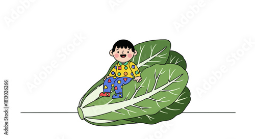 Joyful Child Riding a Giant Leaf with a Smiling Expression on a Black Background