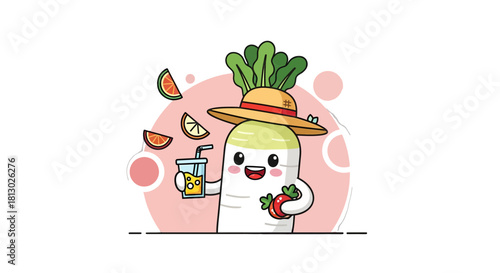 Joyful Radish Character Enjoying Juice and Holding a Strawberry in a Charming Scene