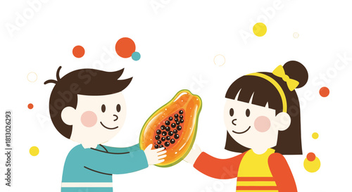 Joyful Children Presenting a Fresh Papaya Fruit on a Black Background Together
