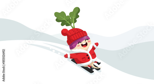 Joyful Radish Character Skiing Down a Snowy Slope with Enthusiastic Merryment