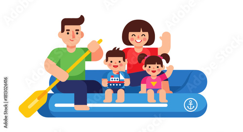 Joyful Family Embarking On Adventure, Enjoying Leisure Time, Rafting Together