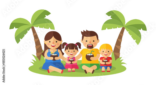 Joyful Family Gathered Under Palm Trees Enjoying Tropical Drinks On Vacation