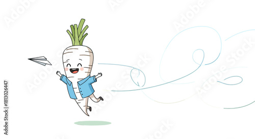 Joyful Radish Character Throws Paper Airplane Amidst Whimsical Swirls and Solid Black Backdrop