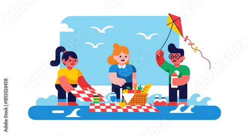 Joyful Family Outing On A Sunny Day, Kite Flying And Picnic Time