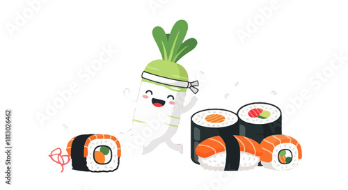 Joyful Radish Chef Dancing Near The Fresh Sushi On Black Background Illustration
