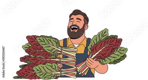 Joyful Farmer Displays Fresh Harvest of Swiss Chard, Celebrating Organic Produce