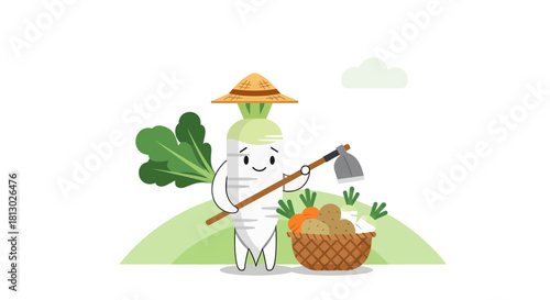 Joyful Radish Farmer Harvesting Fresh Vegetables Under a Cloudy Sky