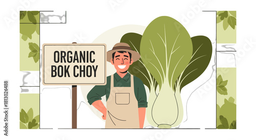 Joyful Farmer Showcasing Fresh Harvested Bok Choy Promoting Organic Food Cultivation