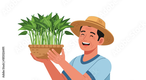 Joyful Farmer Displays Freshly Grown Vegetables, Symbolizing Nature Connection
