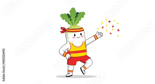 Joyful Radish Mascot Celebrating, Sprinkling Confetti, Against Black Background