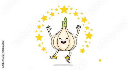 Joyful Garlic Character Surrounded By Stars Celebrating On Black Background For Design