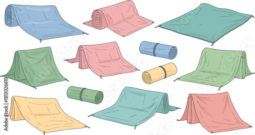 Colorful Camping Tents and Sleeping Bags Set in Outdoor Environment