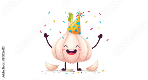 Joyful Garlic Character Wearing a Party Hat Celebrates a Festive Moment With Confetti