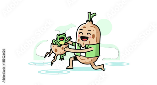 Joyful Root vegetable Character Plays With a Delightful Smiling Frog On A Black Background