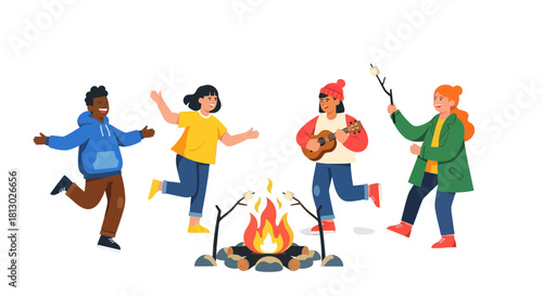 Joyful Gathering Around Campfire, Celebrating Friendship with Music and Marshmallows