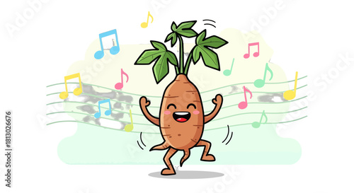 Joyful Root Vegetable Dancing with Musical Notes on a Playful, Illustrated Background