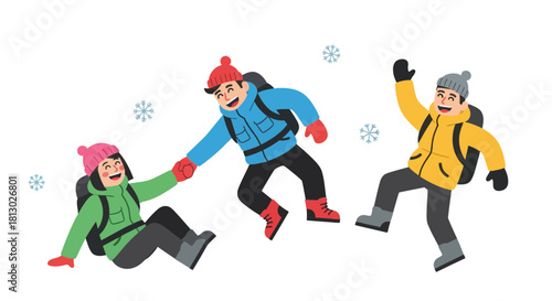 Joyful Group Adventure in Snowy Mountains With Winter Jackets and Backpacks