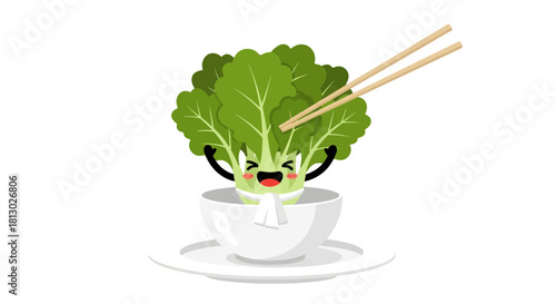 Joyful Salad Cartoon Character Enjoying Meal With Chopsticks And A Cheerful Expression