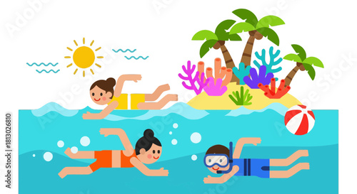 Joyful Summer Fun: Swimming, Tropical Island Escape, and Sunshine Delightfully Depicted