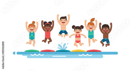 Joyful Group Of Children Jumping And Splashing Into The Pool Water On A Black Background