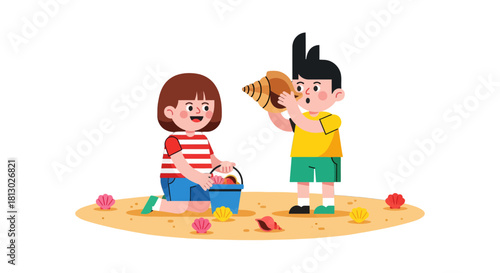 Joyful Summer Day Beach Fun With Two Children Collecting Seashells Together