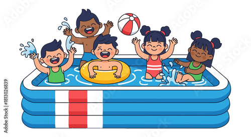 Joyful Group Of Children Playing And Splashing In An Inflated Pool Under The Sun