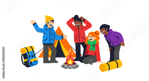 Joyful Group Of Friends Enjoying The Warmth Of Campfire Under The Dark Night Sky