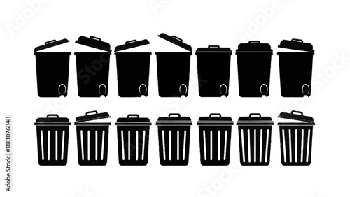 Vector illustration of collection of black silhouette icons representing trash can and garbage bin in various open and closed positions isolated on transparent background 