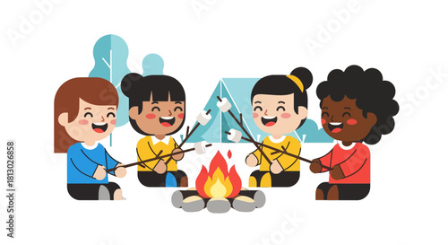 Joyful Group Of Friends Roasting Marshmallows Around a Campfire, Sharing Laughter and Fun