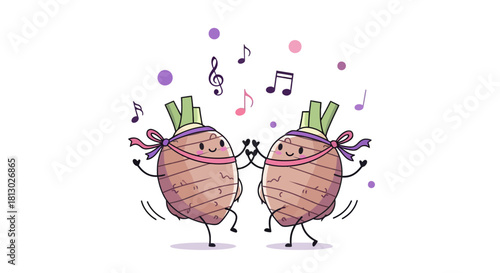 Joyful Taro Root Vegetables Dancing To Musical Notes Over A Black Backdrop