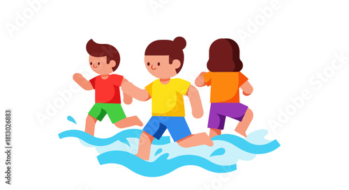 Joyful Trio Run Through Water Creating a Playful and Animated Illustration