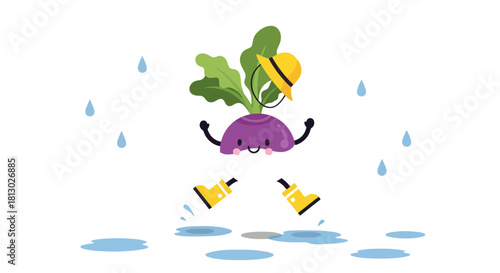 Joyful Turnip Character Dressed In Rain Boots Bouncing in Puddles During a Rain Shower
