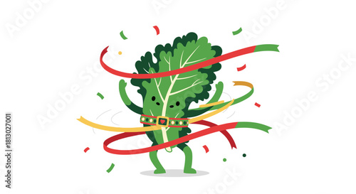 Joyful Kale Cartoon Character Celebrating Triumph with Ribbons and Confetti on Black