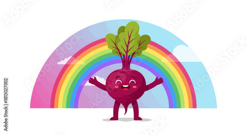 Joyful Vector Illustration of A Smiling Beetroot Character with a Rainbow Background