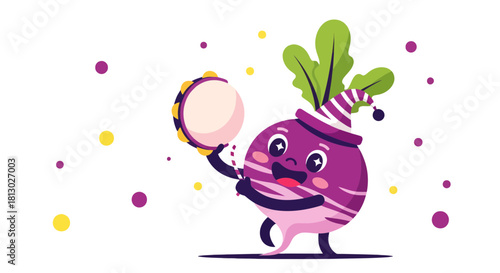 Joyful Turnip Playing Tambourine Under Dotted Sky Featuring Cute Musical Celebration