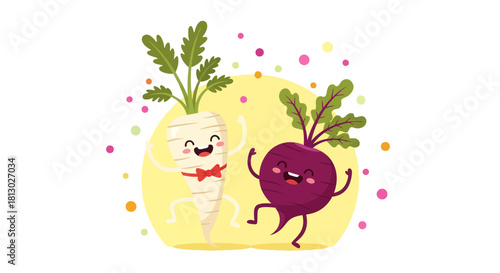 Joyful Vector Illustration of Cheerful Parsnip and Beetroot Dancing on Dark Background
