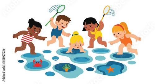 Joyful Kids Enjoying Summer Fun Gathering Sea Creatures in Colorful Puddles