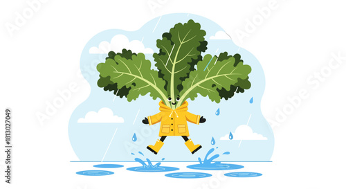 Joyful Kale Character Enjoying A Rainy Day Outdoors, Splashing in Puddles, Cheerful Illustration