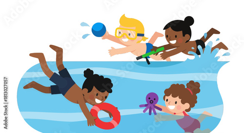 Joyful Kids Enjoying Summer Fun, Playing, and Swimming in Refreshing Waters with Toys