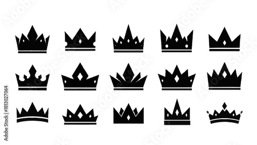 Vector illustration of collection of fifteen black silhouette royal crown icons isolated on transparent background 