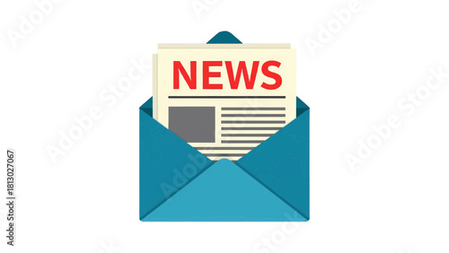Vector illustration of blue open envelope with newspaper clipping showing the word news in red text isolated on transparent background 