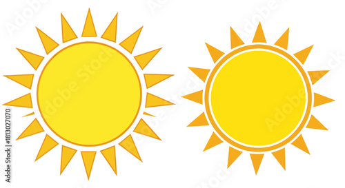 Two vibrant yellow sun vector illustrations with sharp and rounded rays, perfect for various design projects, available as a transparent PNG for seamless integration.